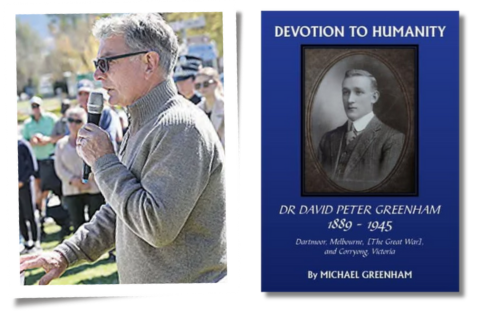 Photo of Michael Greenham alongside the cover of his book 