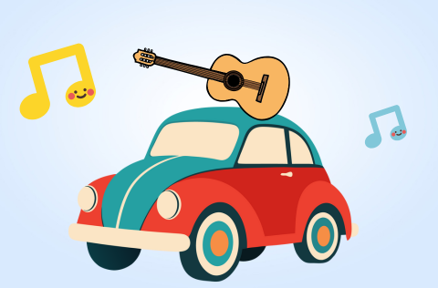 Car with guitar on top and cartoon notes