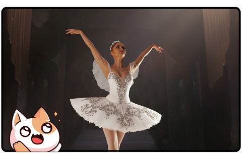 A ballerina performing, with a cute cartoon cat looking on in admiration